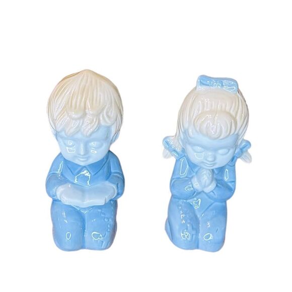 Vintage Blue Praying Children Ceramic Figurines Pair, Treasure Masters Korea - Picture 4 of 8